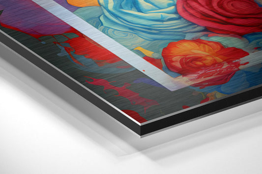 Angled view of brushed aluminum dibond wall art showing colorful balloons and red roses on layered metal backing.
