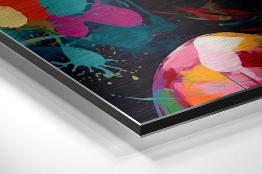 Angled view of brushed aluminum dibond wall art featuring vibrant paint splash design with pink, orange, teal, and magenta colors on dark background.