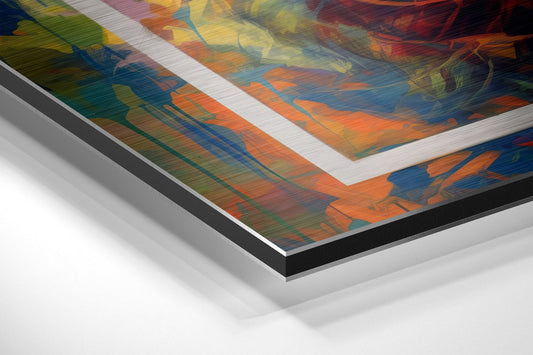 Angled view of layered aluminum and black-backed art print showing colorful abstract portrait with orange, blue, and yellow tones.