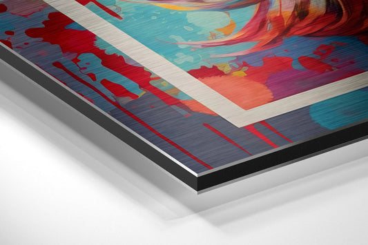 Angled side view of layered aluminum dibond wall art displaying colorful abstract design with red, turquoise, orange, and pink tones.