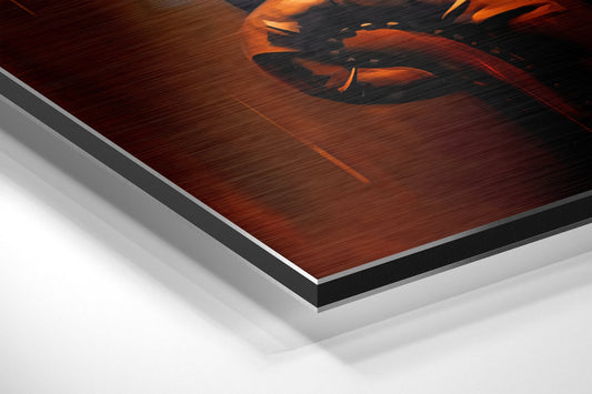 Close-up angled view of layered brushed aluminum dibond wall art showing dark wood grain surface with orange and black tones, revealing edge construction.