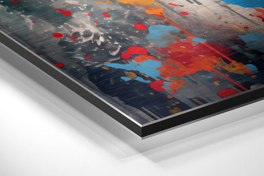 Close-up angled view of brushed aluminum dibond wall art with red, blue, and orange paint splatters on dark background, showing layered edge detail.