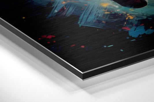 Close-up angled view of layered aluminum dibond panel showing brushed metal edge and white backing with abstract blue and orange artwork visible at top.