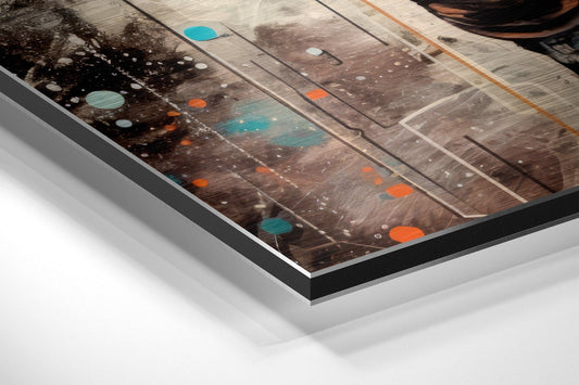 Angled closeup of framed aluminum dibond print showing wooden plank texture with colorful orange, teal, and white circular elements, black border visible.