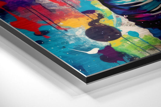 Angled side view of colorful abstract astronaut artwork on layered aluminum and white composite wall panel showing vibrant rainbow splashes and brushed metal edges.