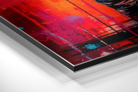 Angled close-up view of layered dibond wall art showing vibrant red, orange, and magenta spray paint with blue accents and metallic silver edge.