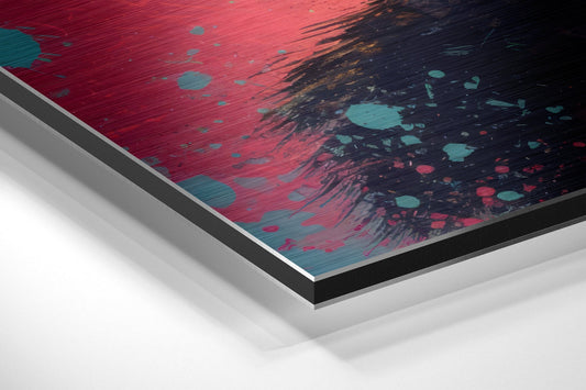 Angled close-up of brushed aluminum dibond wall art showing red, teal, and black abstract splash design with layered edge detail.