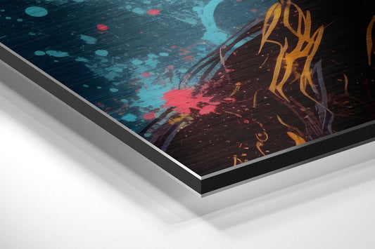 Close-up angled view of brushed aluminum dibond wall art showing layered edge construction with teal, pink, and gold artistic design.
