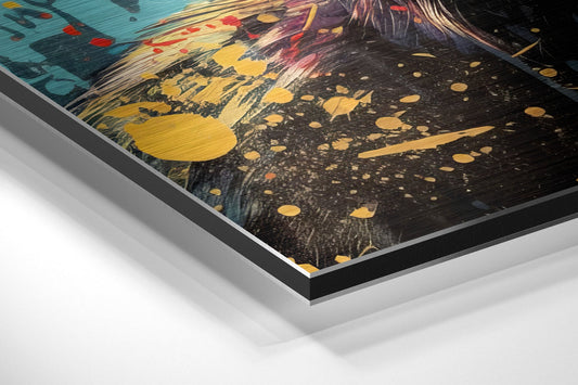 Close-up angled view of layered aluminum dibond art print showing vibrant paint splatters in yellow, black, red, and teal colors with visible edge framing.