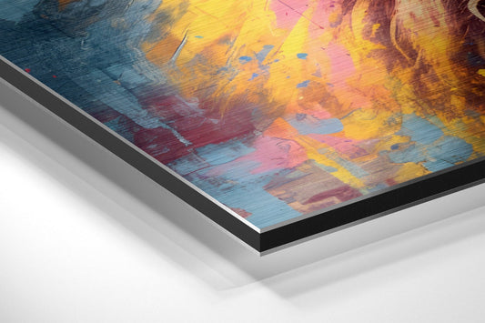 Close-up angled view of layered aluminum dibond print showing vibrant yellow, blue, pink, and red brushstrokes with black beveled edge detail.