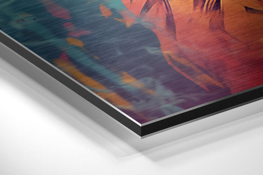 Close-up angled view of layered brushed aluminum and black frame edges of colorful lion artwork with warm orange and cool teal tones.
