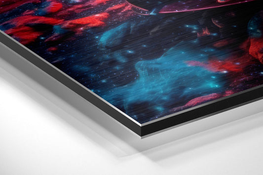 Angled close-up of brushed aluminum composite panel showing layered edge and vibrant red, teal, and pink cosmic dust artwork.