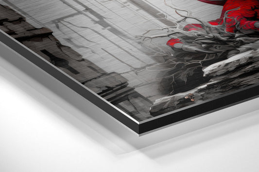 Close-up angled view of layered brushed aluminum dibond wall art showing crimson dragon with grey stone ruins and architectural grid pattern.