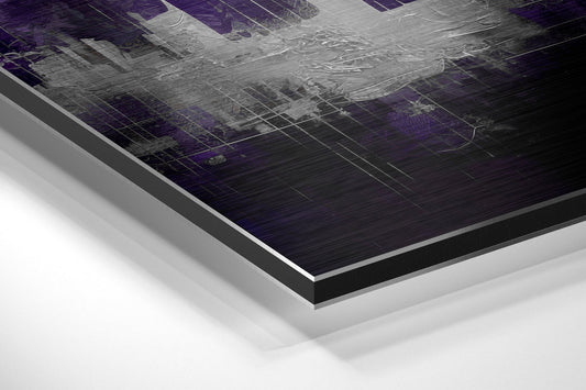 Angled perspective view of purple and gray brushed aluminum wall art panel with layered edge showing material depth and finish.