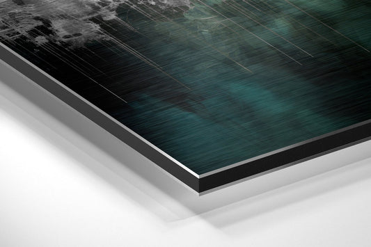Angled close-up of teal brushed aluminum Dibond art showing layered edge detail with white backing visible.