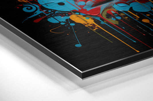 Angled perspective view of brushed aluminum dibond wall art showing colorful splattered paint design with blue, red, yellow, and orange musical notes and abstract shapes on black background.