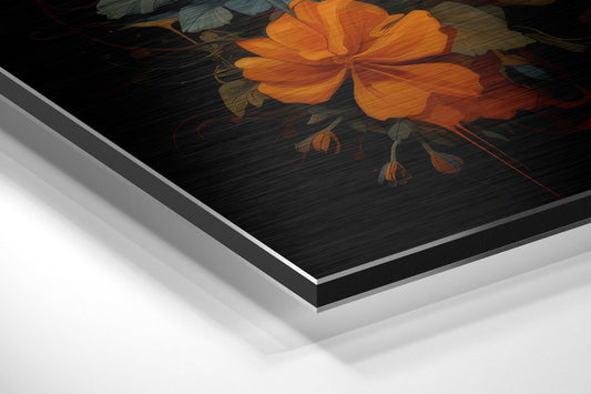 Angled close-up view of layered aluminum dibond panels displaying orange flowers on dark textured background.