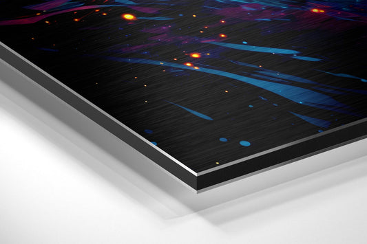 Angled perspective view of brushed aluminum Dibond wall art featuring blue and orange light trails on black textured surface.