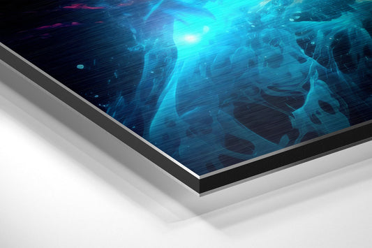 Isometric view of layered brushed aluminum Dibond panel displaying glowing blue digital neural network design against white background.