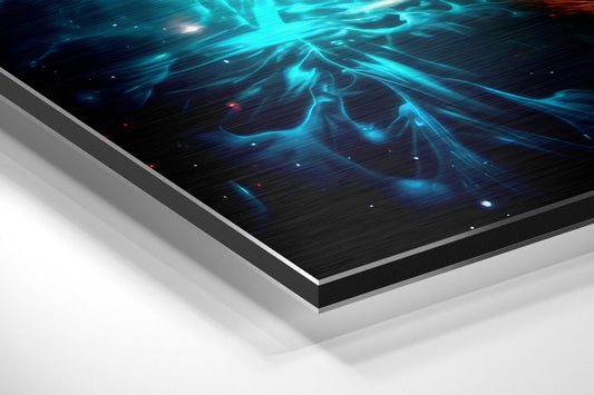 Angled perspective view of brushed aluminum wall art panel displaying cyan and blue colliding energy streams with red accent lights on dark background.