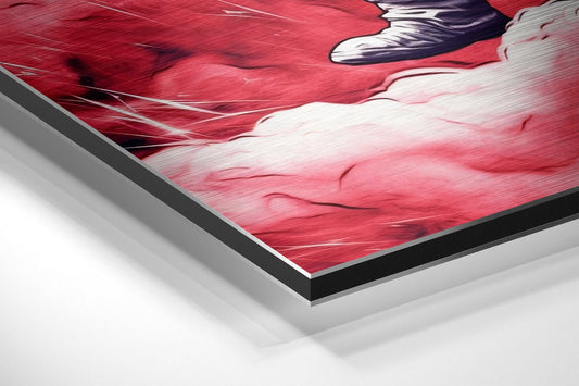 Close-up angled view of brushed aluminum dibond wall art featuring crimson and white swirling cloud design with astronaut figure detail.