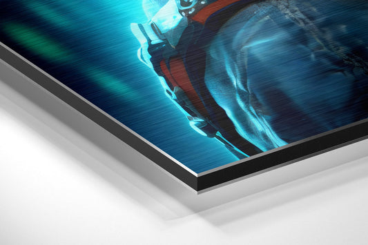 Angled perspective view of aluminum dibond wall art showing a woman with blue hair and green goggles against a cyan brushed metal background.