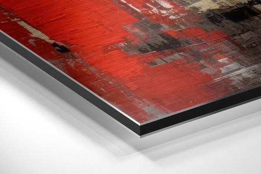 Angled perspective view of brushed aluminum dibond print showing layered red and gray abstract cityscape with visible edge banding and material thickness.