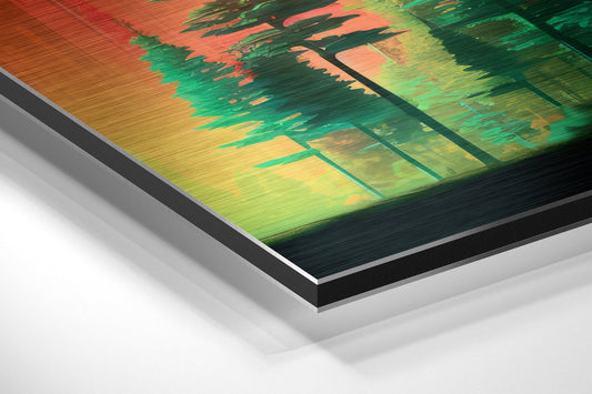 Angled view of brushed aluminum dibond wall art with red, green, and yellow neon drip pine forest design.