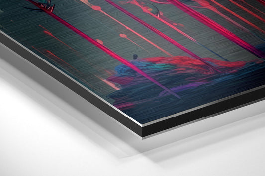 Angled close-up of brushed aluminum dibond wall art showing layered edge detail with pink, teal, and dark tones.