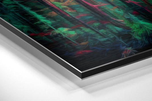 Angled product shot showing layered aluminum dibond print with vibrant green, magenta, and teal brushstroke patterns on dark background.