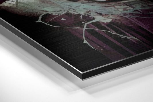 Angled perspective view of brushed aluminum dibond wall art featuring abstract dripping paint graffiti design in burgundy and black tones.