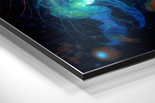 Angled perspective view of brushed aluminum composite wall art displaying bioluminescent jellyfish in blue and cyan tones against dark background.