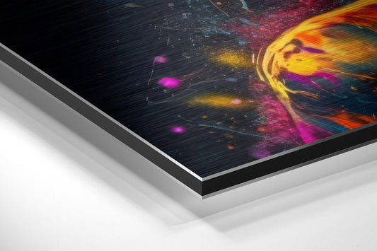 Angled perspective view of brushed aluminum Dibond wall art displaying vibrant abstract design with yellow, magenta, and orange swirling patterns on dark background.