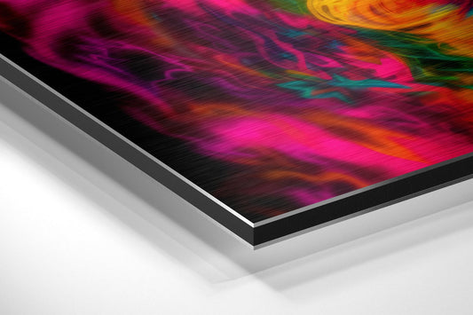 Angled perspective view of layered Dibond wall art with vibrant neon rainbow smoke design in magenta, pink, orange, and teal on black surface.
