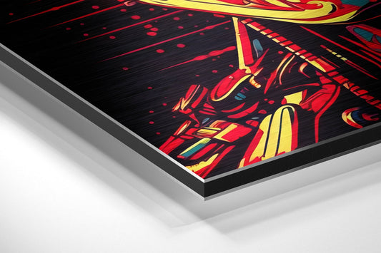 Angled perspective view of brushed aluminum wall art featuring red and yellow pop art cyborg face design on black background.