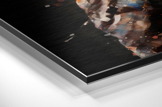 Close-up angled view of layered aluminum dibond material showing black brushed top surface with colorful boxer artwork and white backing layers.