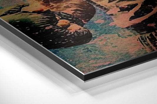 Angled close-up view of layered brushed aluminum and black edge framing a teal grunge boxer portrait print.