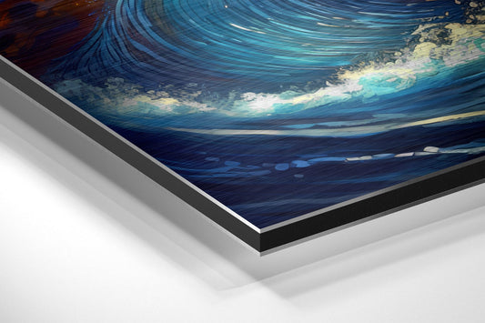 Close-up angled view of layered aluminum dibond panel showing blue and teal swirling abstract design with white mounting frame edge.