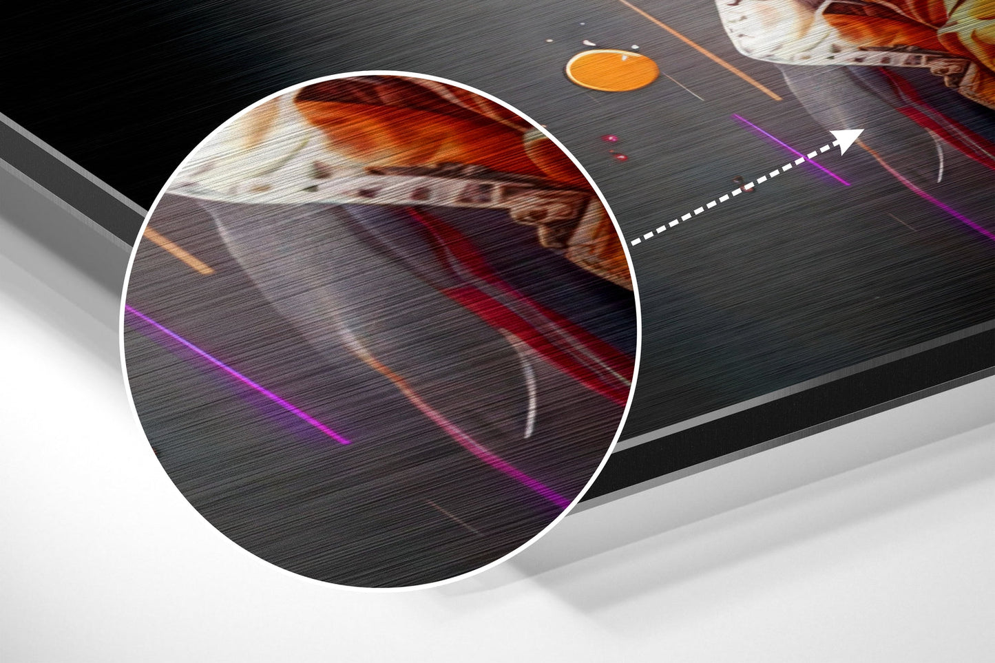 Close-up circular magnification of brushed aluminum wall art showing dog portrait with red and orange tones, purple accent lines, and orange circle detail on dark textured surface.