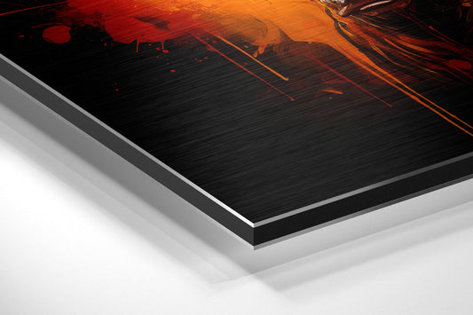 Angled perspective view of layered aluminum dibond showing brushed black surface with red and orange splashed paint design at top edge.