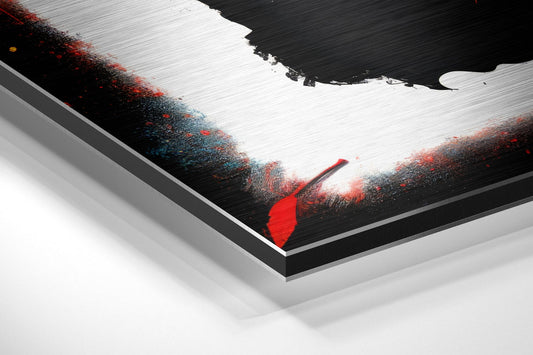 Angled perspective view of brushed aluminum wall art showing red bull portrait with torn frame border effect and black background.