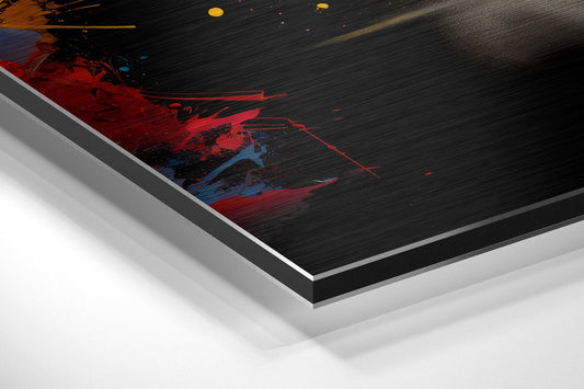 Angled close-up view of layered aluminum dibond print showing red and blue bull artwork on dark brushed surface with white backing visible.