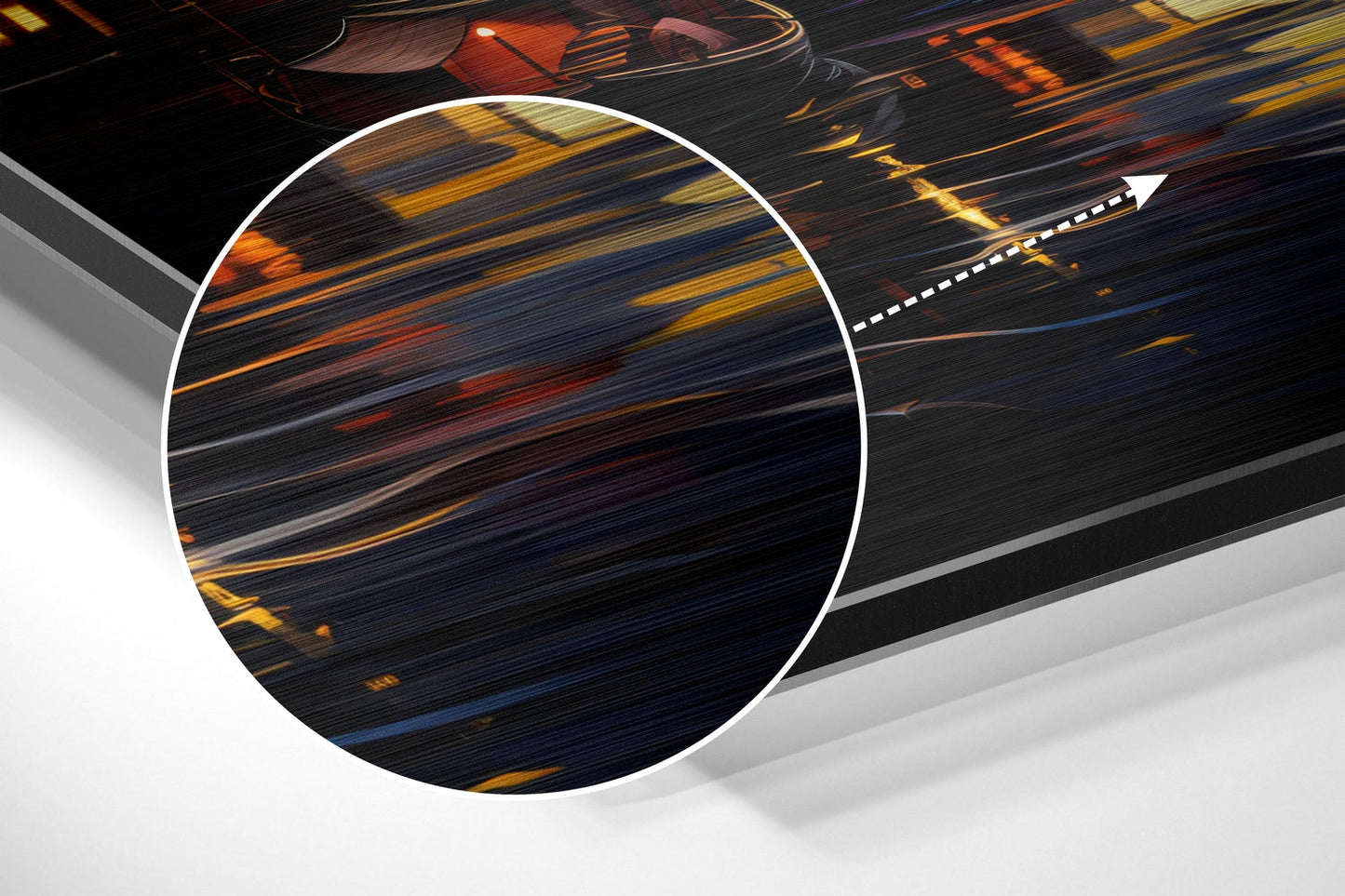 Close-up detail of brushed aluminum surface showing horizontal streaks of orange, gold, and blue metallic colors with white circular border frame.