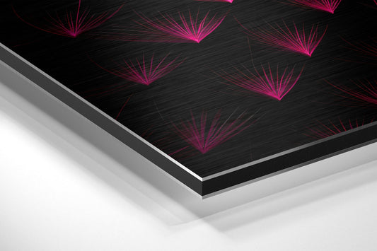 Angled perspective view of layered aluminum dibond wall art featuring hot pink lotus mandala designs on dark brushed surface with white base layers visible.