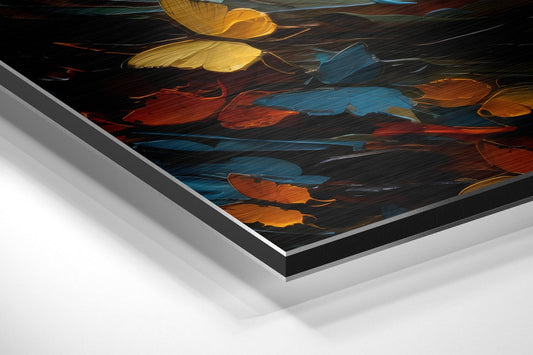 Angled perspective view of framed aluminum wall art displaying colorful autumn leaves in yellow, orange, blue, and red tones on dark background.