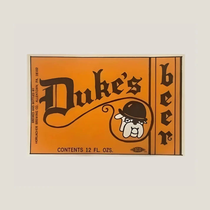 Orange vintage Duke's Beer label, bulldog in bowler hat, 12 fl oz, Horlacher Brewing.