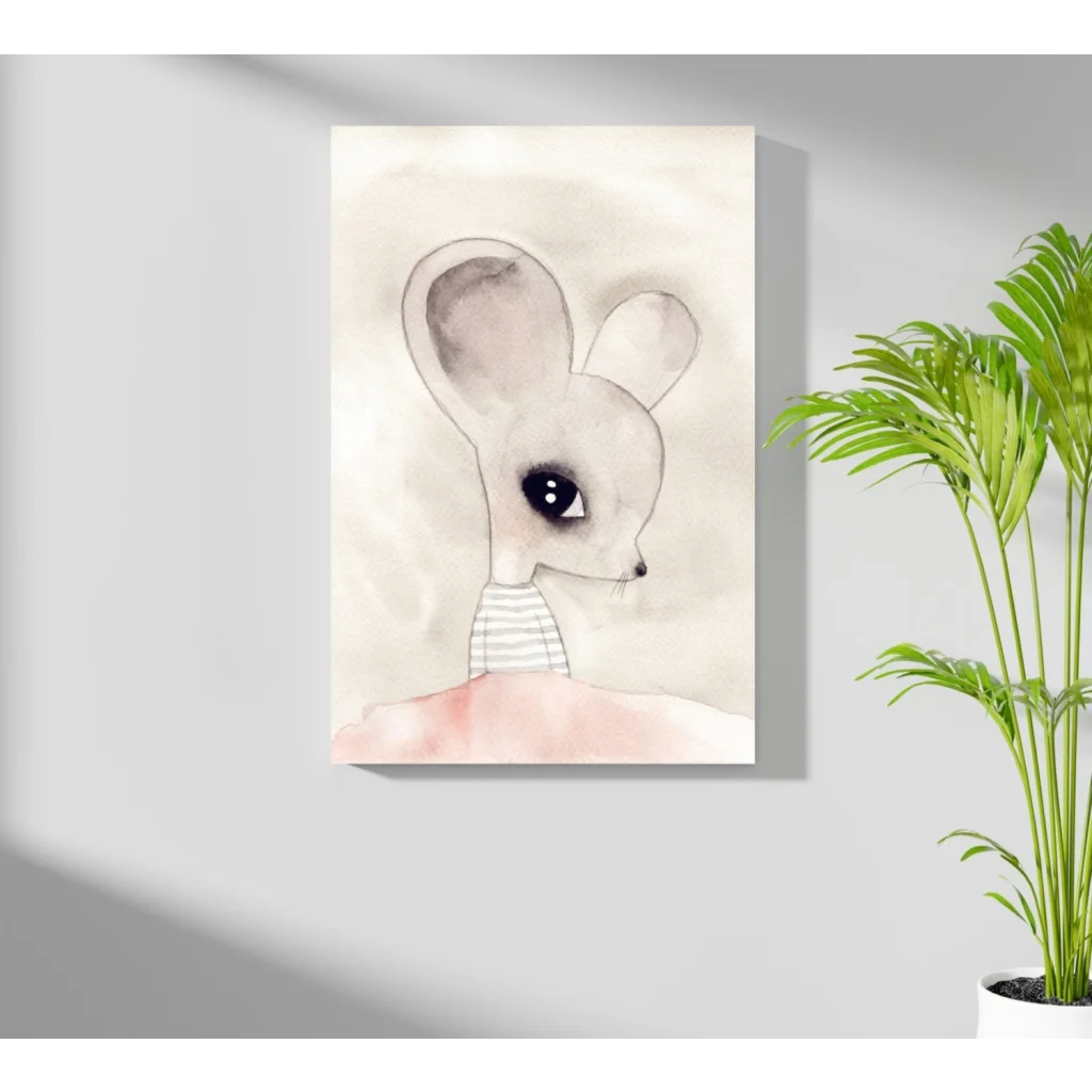Adorable watercolor gray mouse with big eyes on aluminum print
