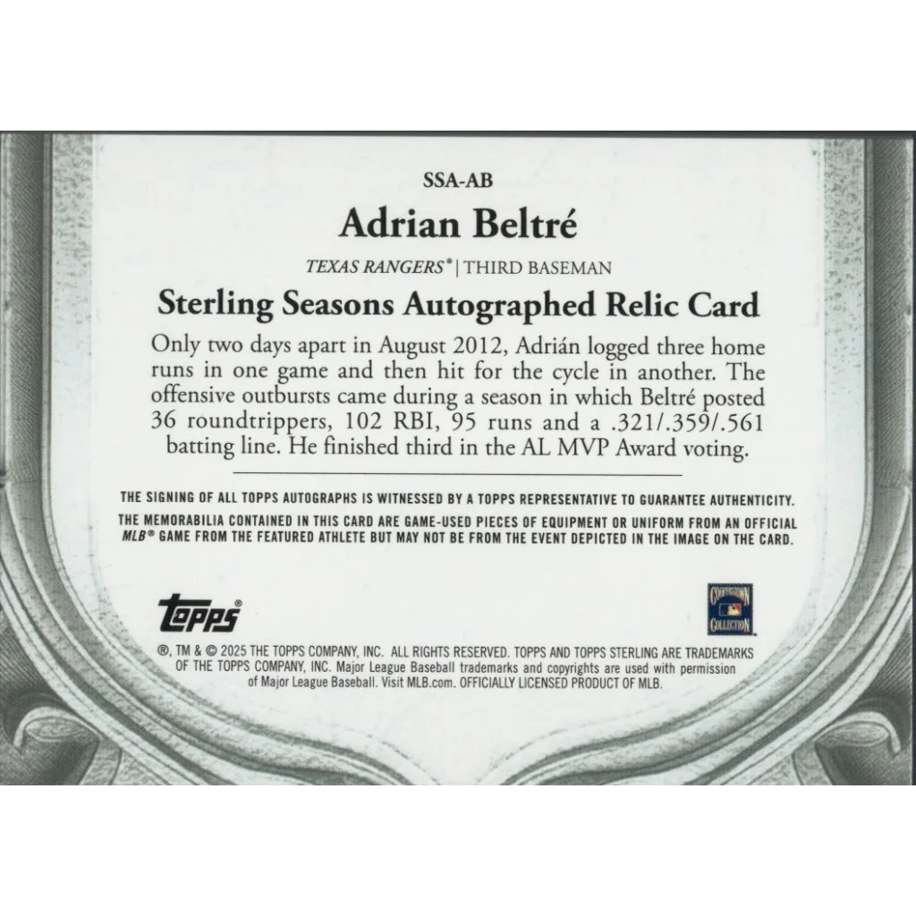 Back of Adrian Beltre Topps baseball card with signed autograph and game-used jersey pieces
