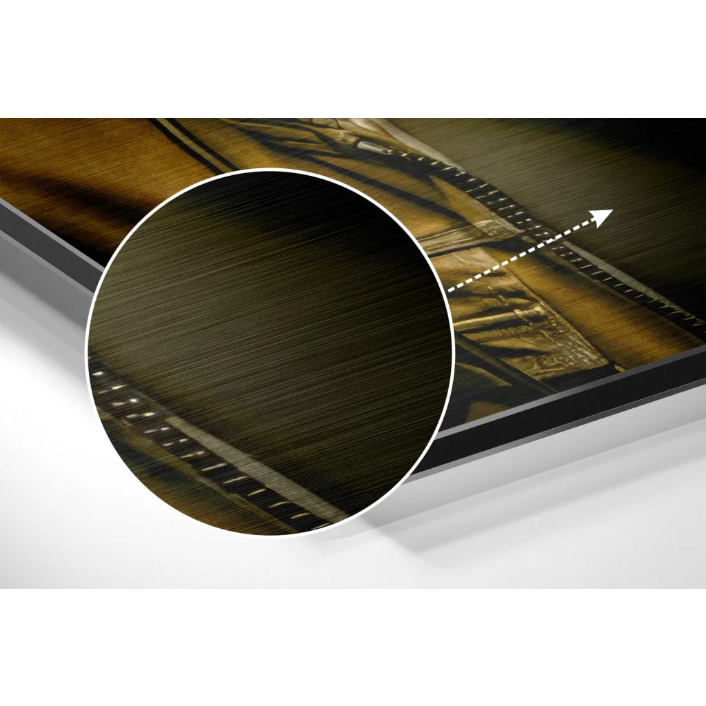Dark brown brushed aluminium dibond wall art with golden architectural scene