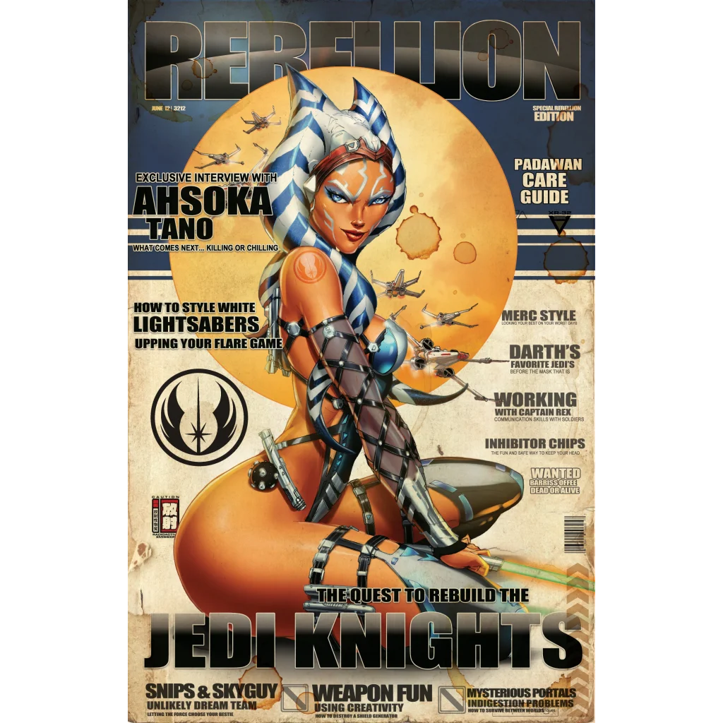 Ahsoka Tano in blue white hooded outfit on brushed aluminum art print